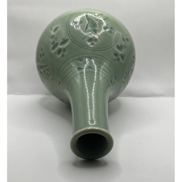 Korean Crane Celadon Incised Thousand Crane Porcelain Bud Vase Vintage 7 1/4” - Picture 7 of 8